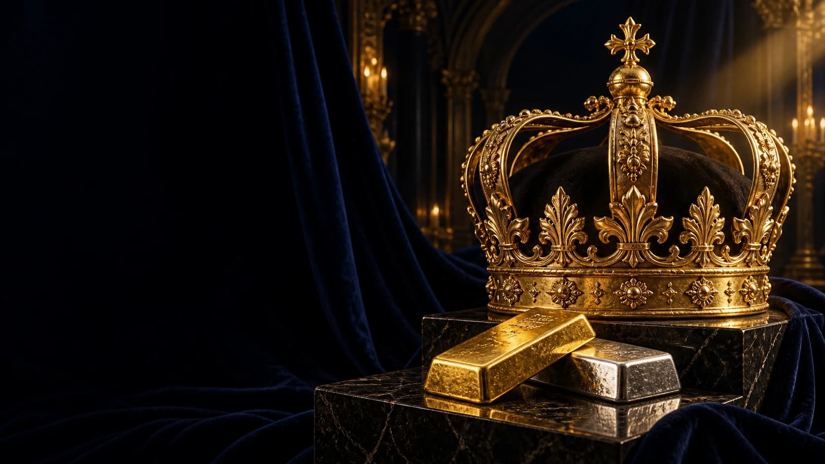 An ornate gold crown resting above gold and silver bullion in a midnight velvet treasury